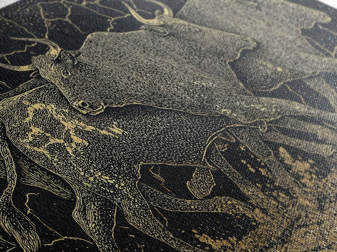 Black Gold Running Cattle Wall Art, African Animal Art, Tribal Crackle Canvas Print, Luxury Safari Decor, Statement Piece