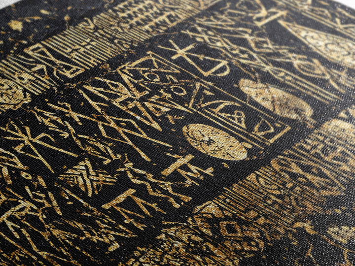 Ancient Gold Tribal Symbols On Black Stone Wall Art, African Tribal Art, Cultural Wall Decor, Textured Canvas Print Gift