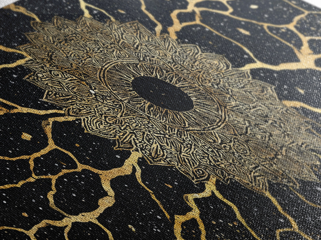Golden Mandala Cosmos Wall Art, Black And Gold Abstract African Inspired Decor, Spiritual Geometric Canvas Print For Living Room