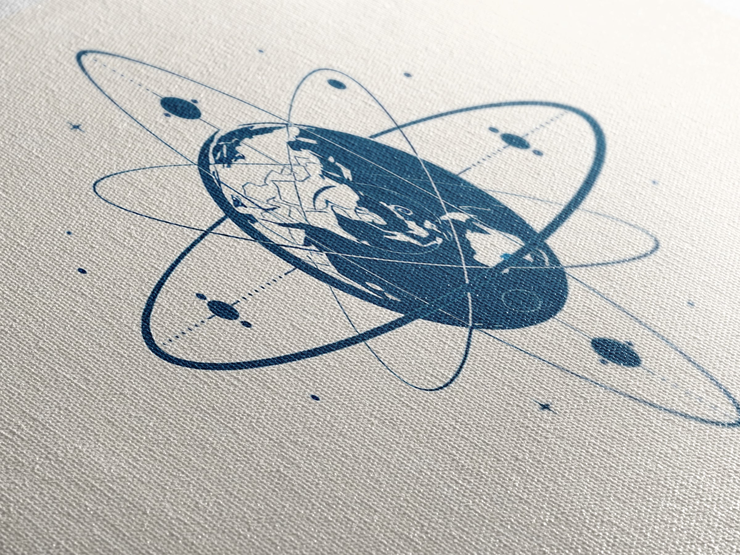 Blue Earth Atom Wall Art, Minimalist Globe Orbit Illustration, Science Inspired Canvas Print, Modern Office Decor For Home