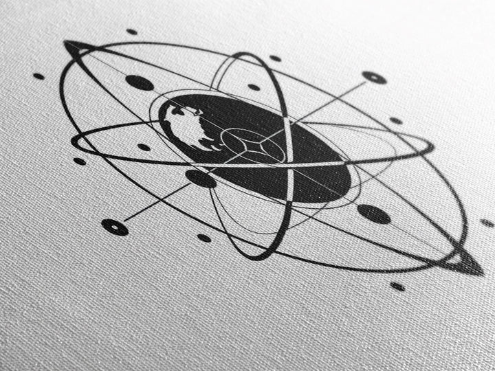 Minimalist Black Earth Atom Canvas Print, Globe Orbit Line Art, Modern Science Wall Art, Clean Office Decor For Home Gift