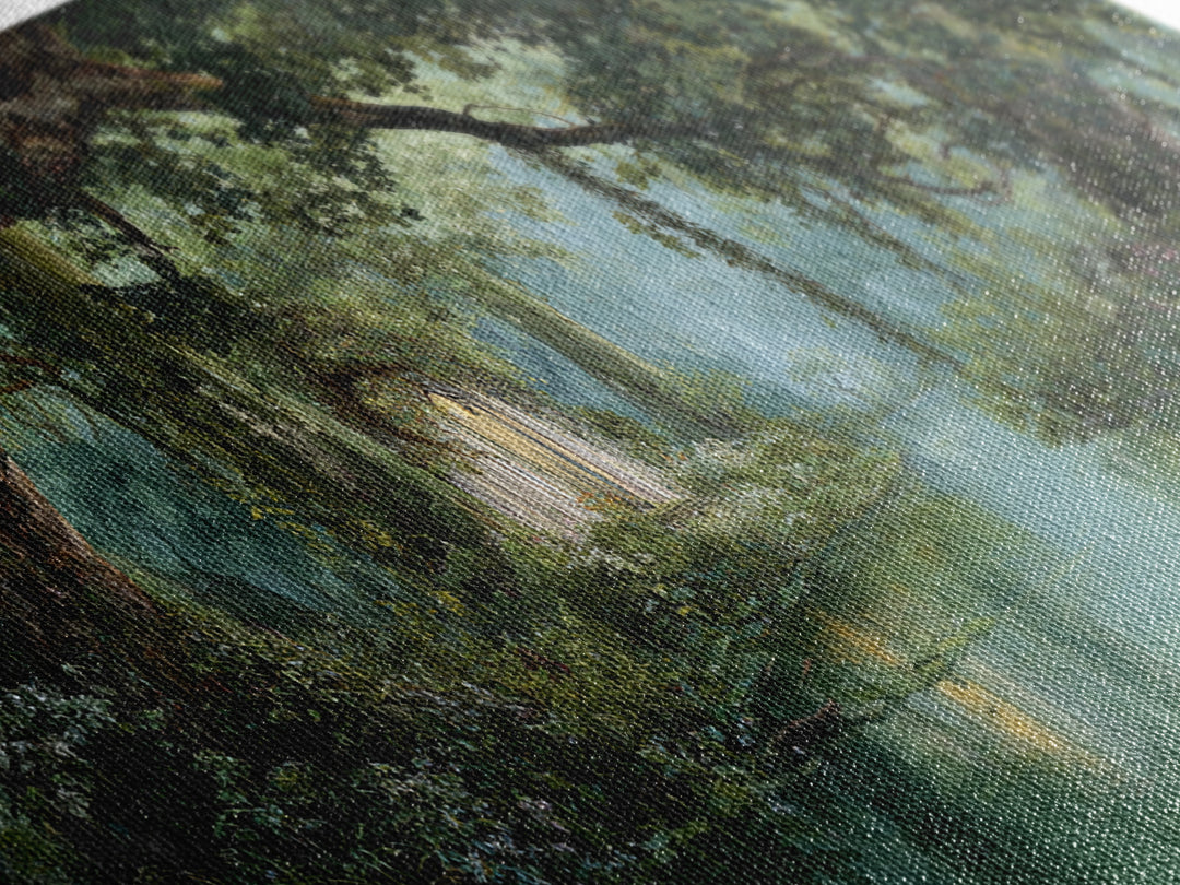 Misty Bayou Forest Wall Art, Dreamy River Landscape, Ancient Trees Canvas Print, Elegant Green Nature Decor For Home Gift