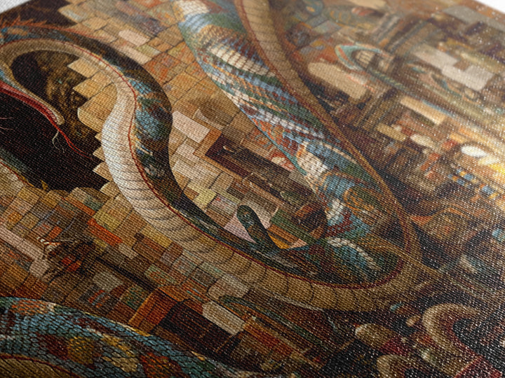 Jeweled Giant Serpents In Antique Market Canvas Print, Mystical African Inspired Wall Art, Exotic Boho Decor, Unique Gift