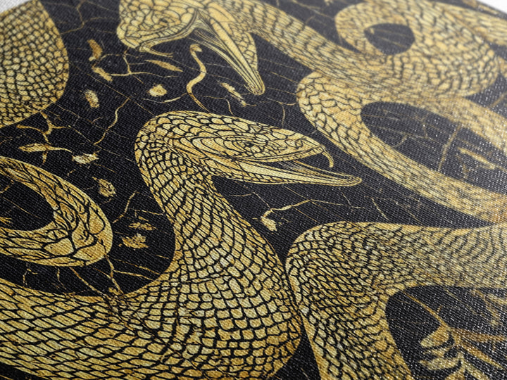 Gold Serpent Botanical Canvas Print, Black And Gold Snake Wall Art, African Inspired Luxury Decor For Bedroom And Office