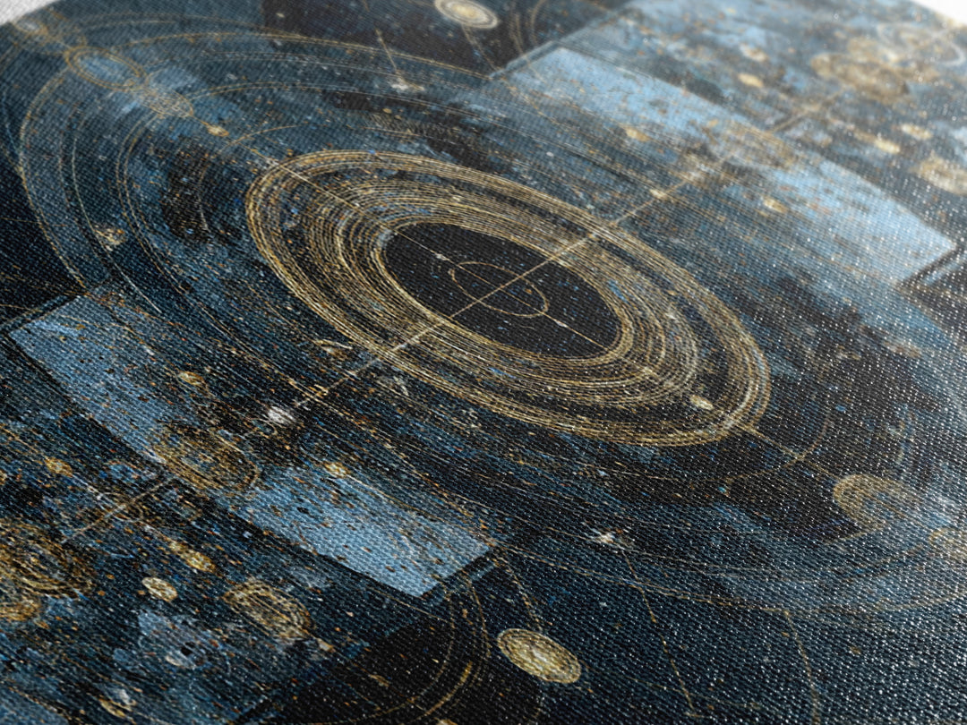 Blue Gold Cosmic Portal Canvas Print, Abstract Wall Art With Sacred Geometry, Modern Luxury Decor For Living Room And Office