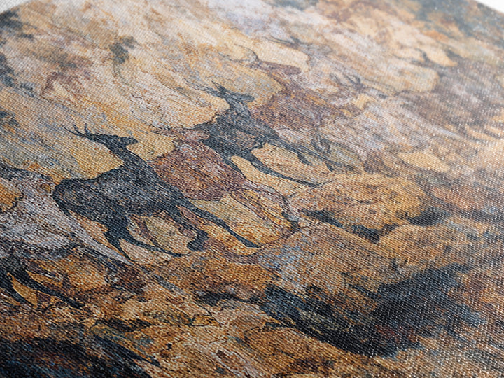 Blue Ochre Prehistoric Animal Herd Wall Art, African Rock Painting, Safari Decor, Earth Tone Tribal Art Print For Home Decor