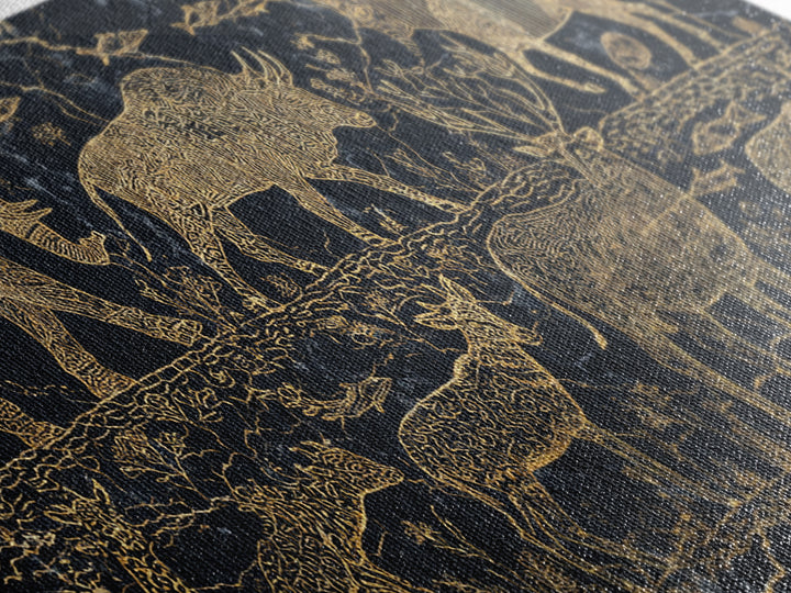 Gold Safari Animal Linework With Elephants And Giraffes Wall Art, African Safari Art, Black And Gold Art, Living Room Decor