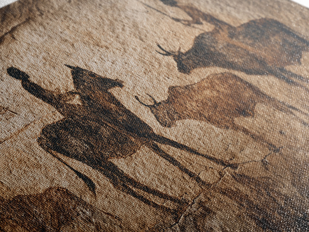 Ancient Cave Painting With Riders And Cattle Canvas Print, African Rock Art, Tribal Wall Decor, Rustic Home Decor Gift Idea