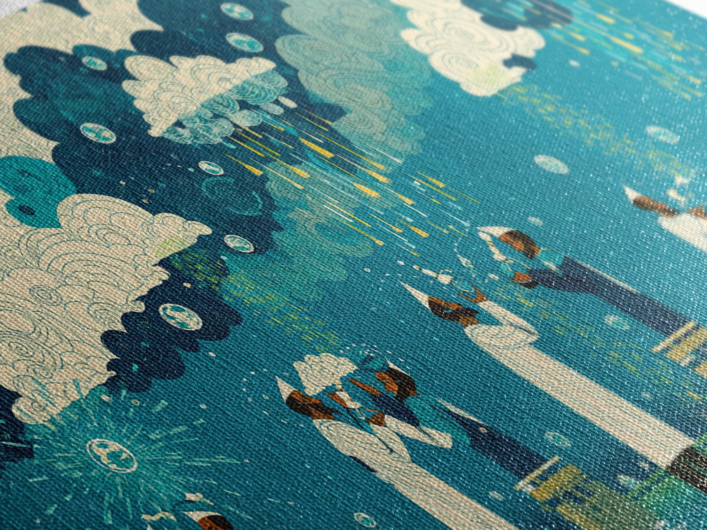 Scientists Harvesting Rain From Patterned Clouds Wall Art, Contemporary Art, Teal And Yellow Art, Modern Office Decor Gift