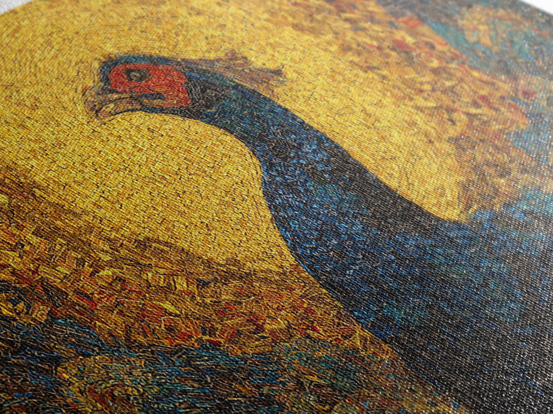 Blue Peacock Portrait Before Golden Sun Wall Art, African Inspired Bird Art, Textured Canvas Decor, Vibrant Living Room Gift