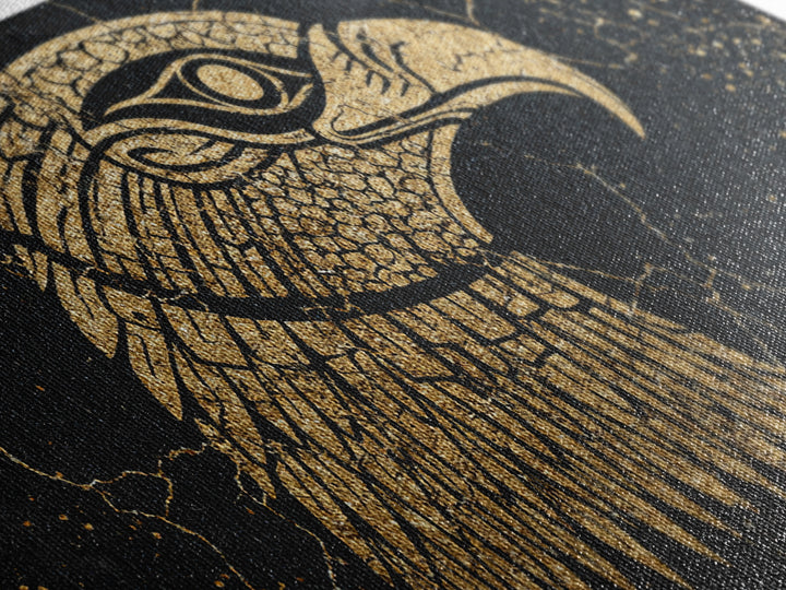 Gold Falcon Head On Black Cracked Stone Canvas Print, African Egyptian Art, Tribal Bird Decor, Luxury Wall Art Gift For Him