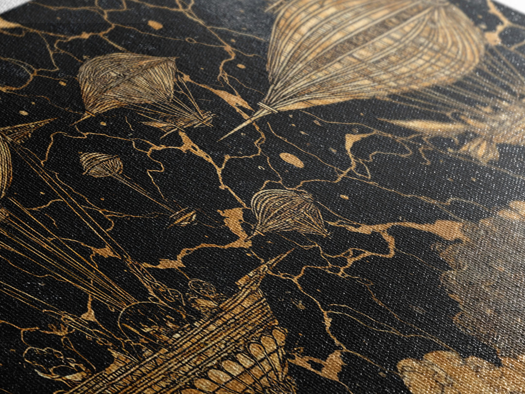 Gold Airship Fantasy Over Black Marble Wall Art, African Inspired Steampunk Canvas Print, Unique Statement Decor Gift For Office