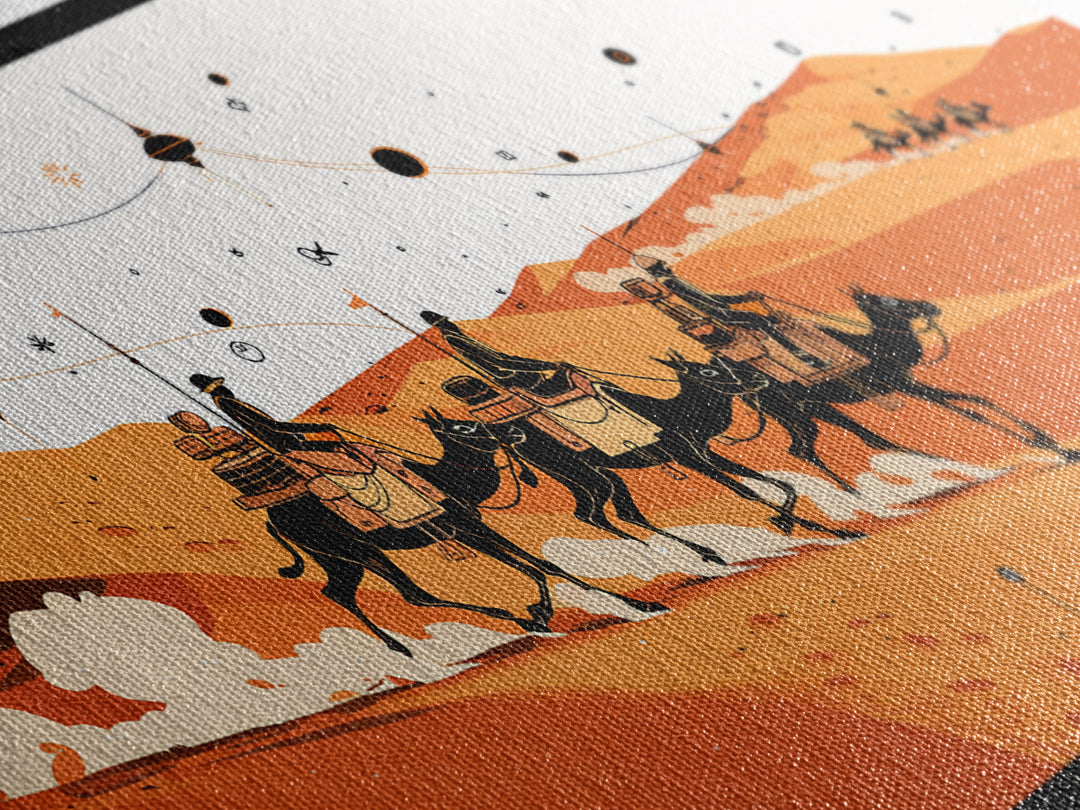 Orange Sahara Camel Caravan Wall Art, African Safari Art, Boho Desert Landscape, Modern African Decor, Travel Poster Gift