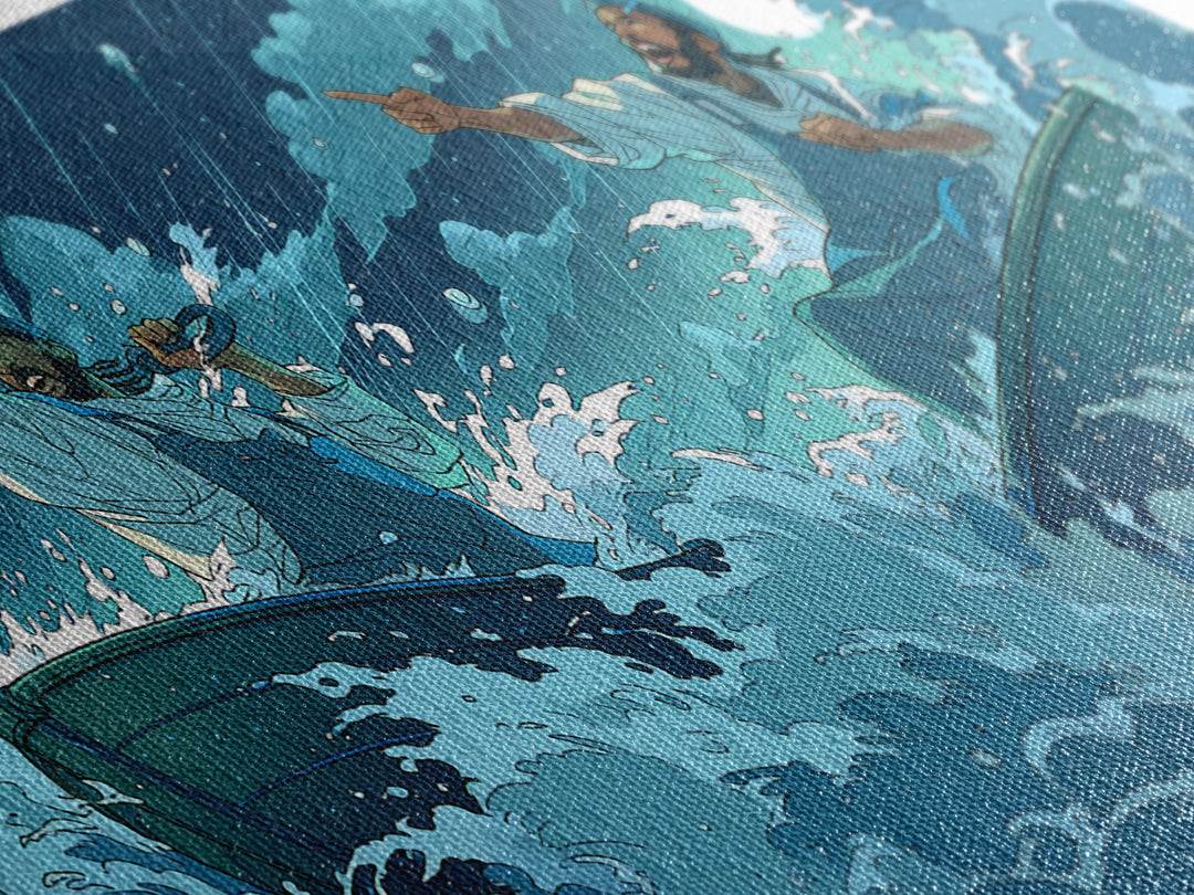 Stormy Sea Boatmen Wall Art, Blue Ocean Waves, African Inspired Spiritual Art, Fishermen Canvas, Dramatic Home Decor Gift