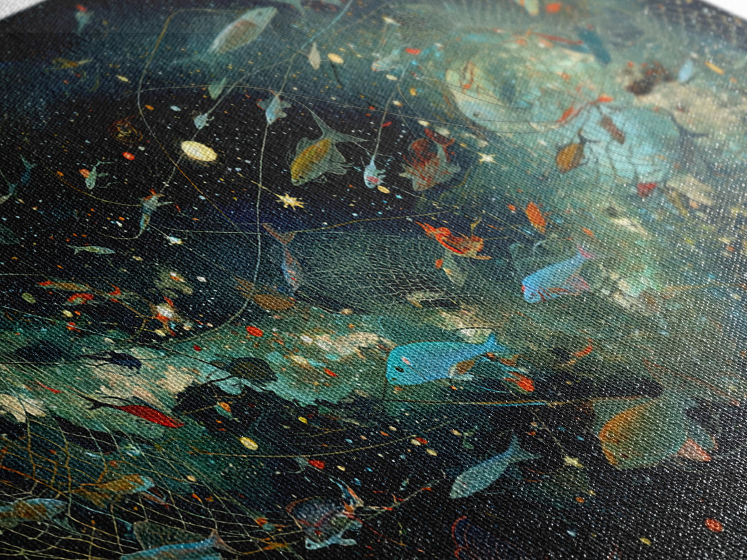 Cosmic Underwater Fish Galaxy Wall Art, Dreamy Ocean Canvas Print, African Inspired Nature Scene Art, Teal Modern Decor Gift