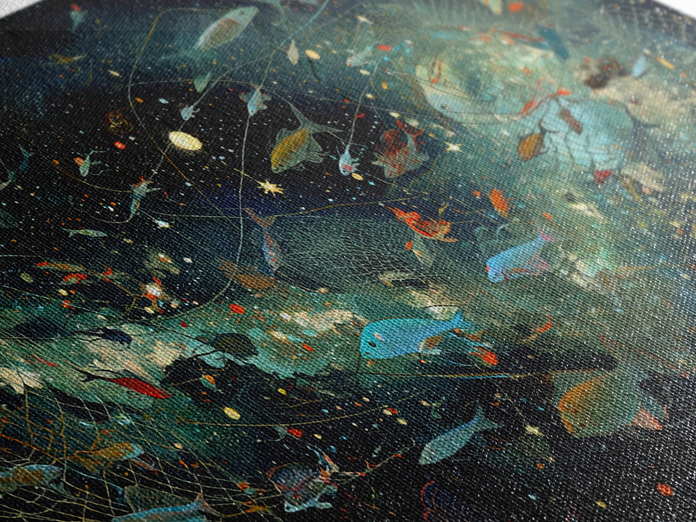 Cosmic Underwater Fish Galaxy Wall Art, Dreamy Ocean Canvas Print, African Inspired Nature Scene Art, Teal Modern Decor Gift