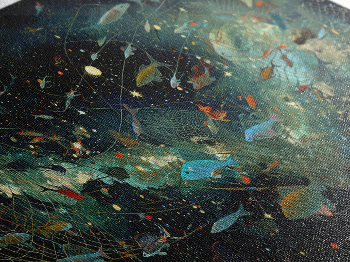 Cosmic Underwater Fish Galaxy Wall Art, Dreamy Ocean Canvas Print, African Inspired Nature Scene Art, Teal Modern Decor Gift