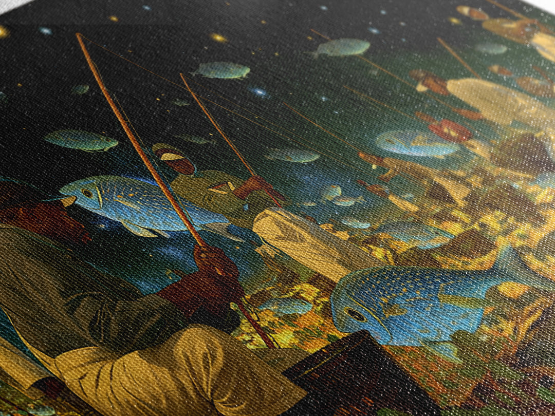 Black Fishermen Under Starry Fish Sky Canvas Print, African Wall Art, Afrocentric Culture Art, Magical Night Decor, Unique Gift