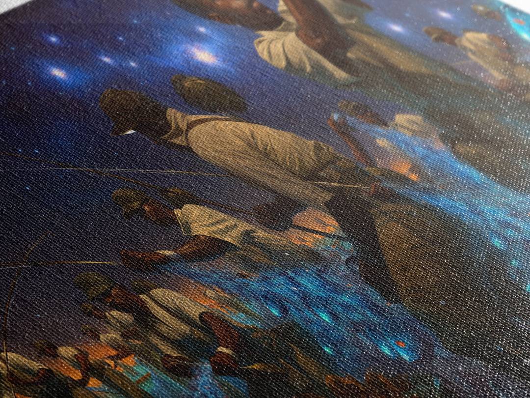 Starlit African Night Fishermen With Glowing Blue Fish Canvas Print, Afrocentric Wall Decor, Black Culture Art, Unique Home Decor