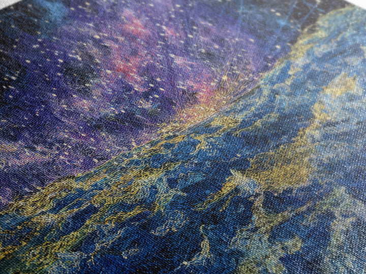 Galaxy Ocean Waves Under Starry Sky Canvas Print, Abstract Wall Art, Blue Gold Seascape, Dreamy Modern Home Decor, Large Decor Art