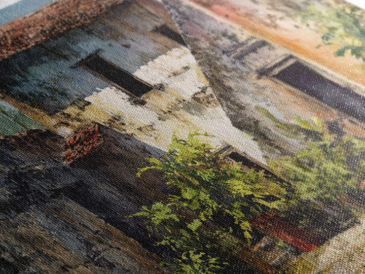 Weathered Blue African Courtyard Wall Art, Rustic Village Painting, African Home Decor, Cultural Wall Decor For Living Room