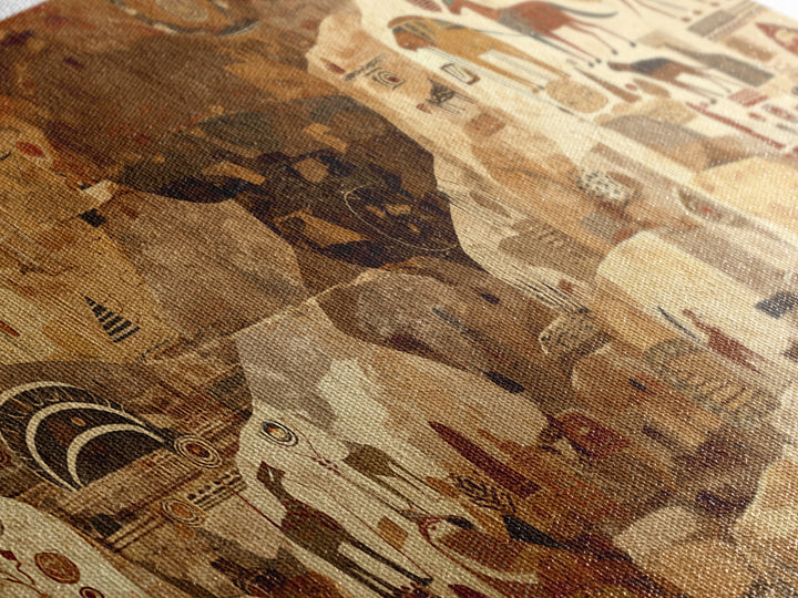 Ancient Sahara Cave Mural With Tribal Animals Wall Art African Safari Art, Earth Tone Cultural Decor For Living Room Statement Piece