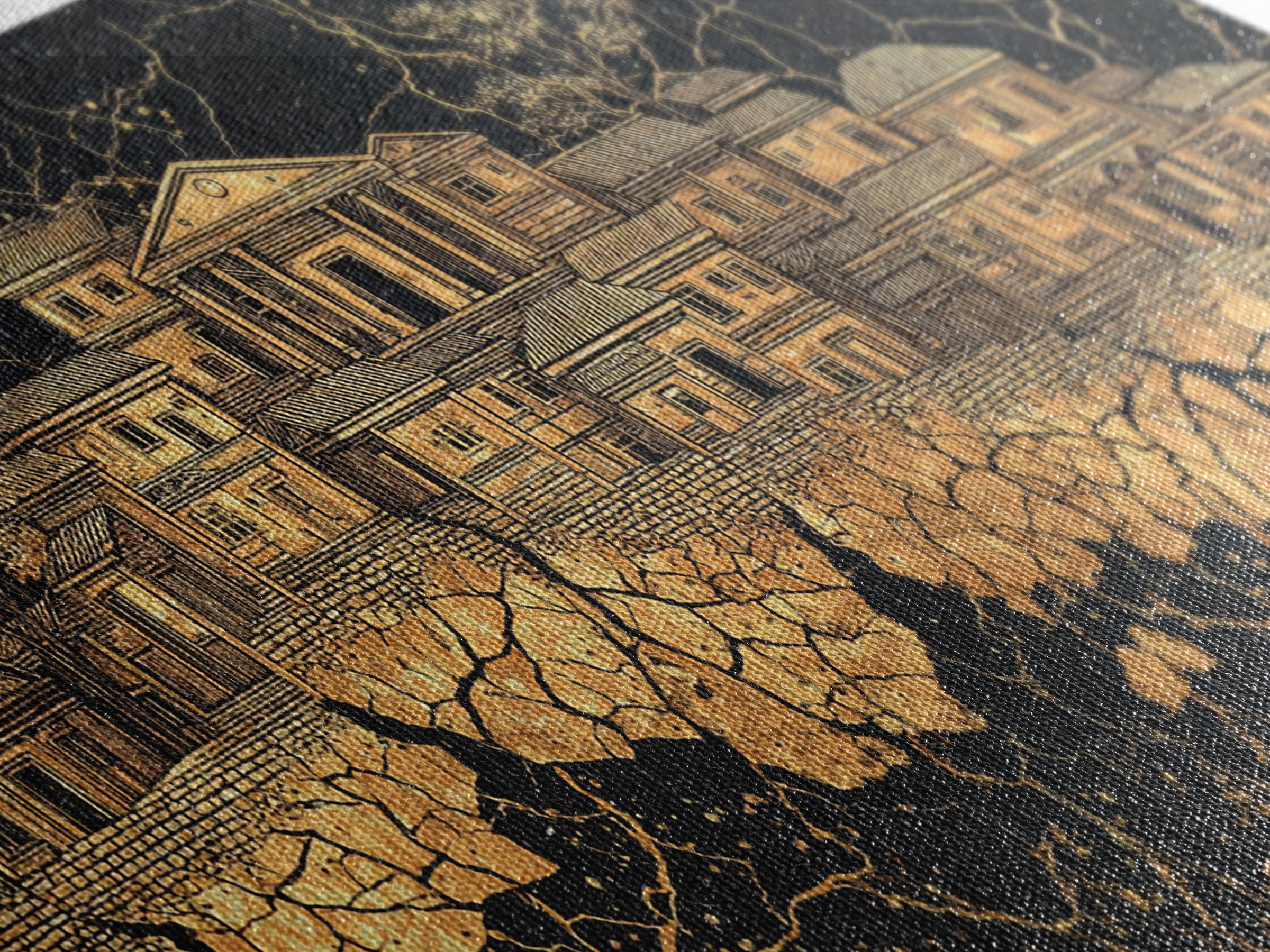 Golden Ancestral Palace On Cracked Stone, Luxury African Wall Art, Black Gold Architecture, Statement Living Room Decor Gift