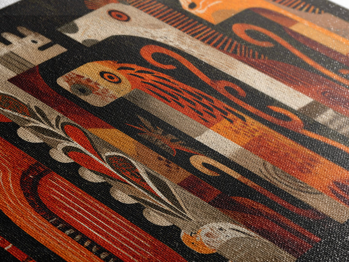 Orange Tribal Bird And Animal Figures Canvas Print, African Inspired Wall Art, Boho Geometric Safari Home Decor, Mid Century Gift