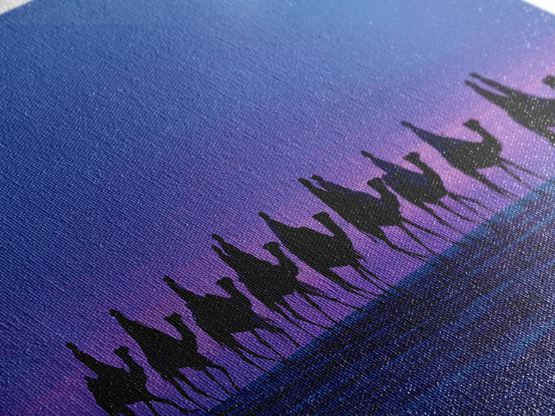 Purple Sunset Camel Caravan Canvas Print, African Safari Wall Art, Coastal Desert Silhouette Decor, Boho Travel Gift Idea