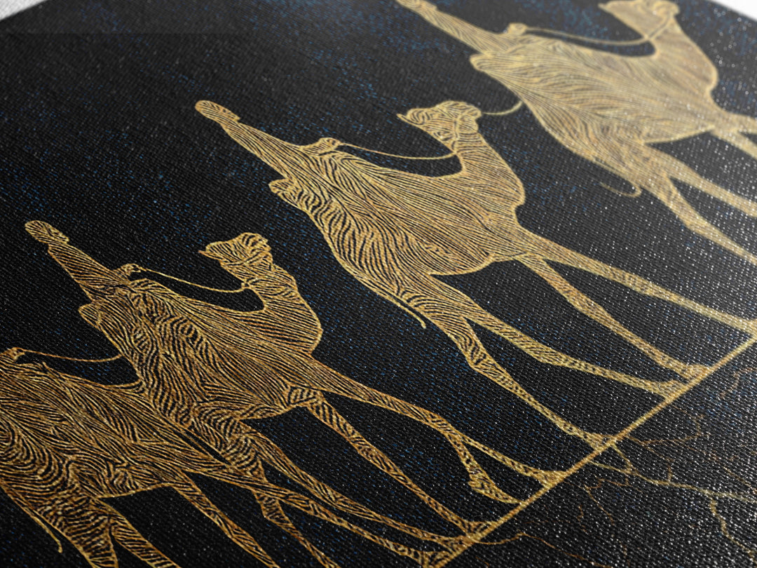 Gold Line Camel Caravan Wall Art, Black And Gold African Safari Print, Desert Nomad Decor, Luxury Canvas Style Gift For Her