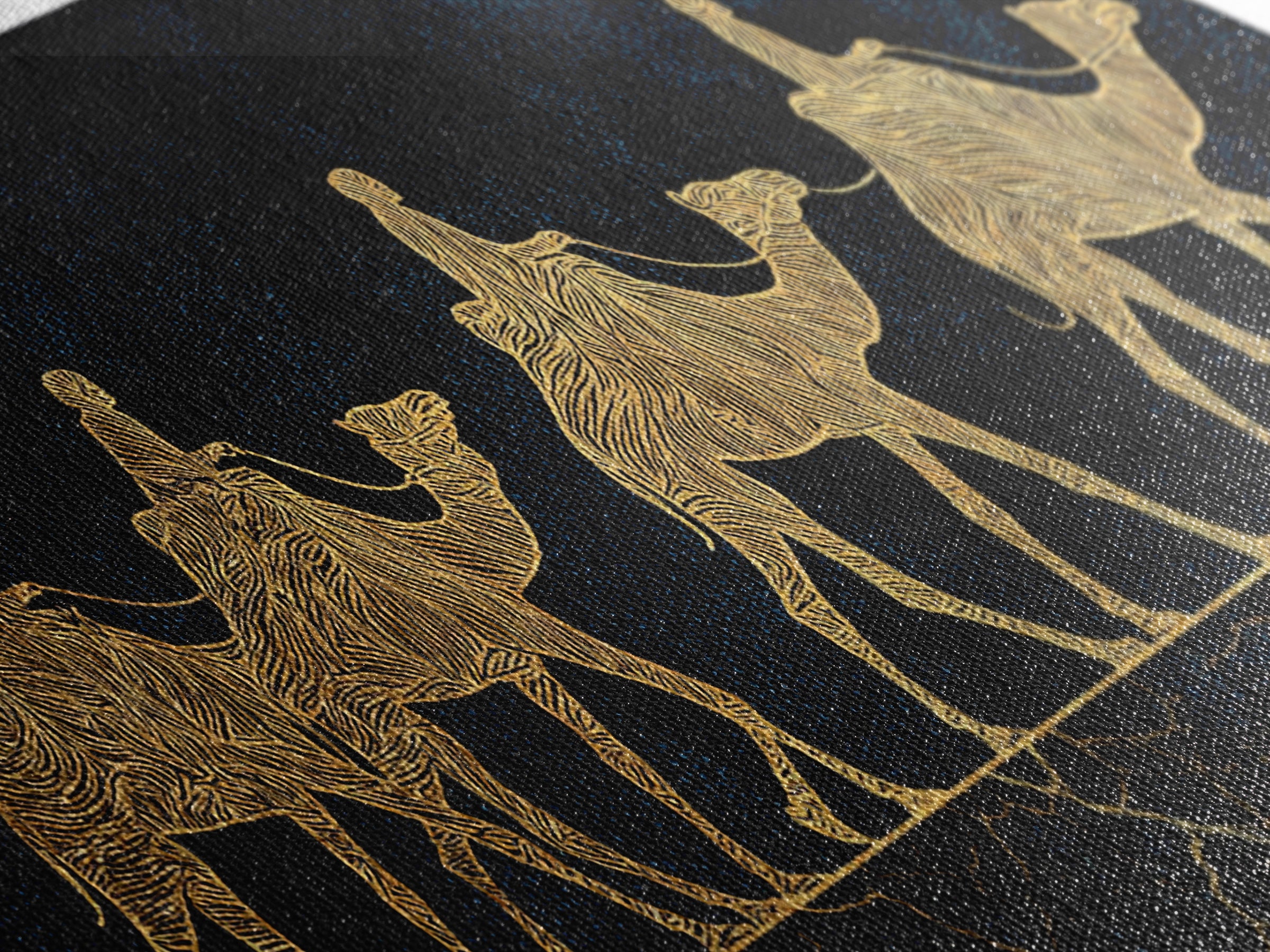 Gold Line Camel Caravan Wall Art, Black And Gold African Safari Print, Desert Nomad Decor, Luxury Canvas Style Gift For Her