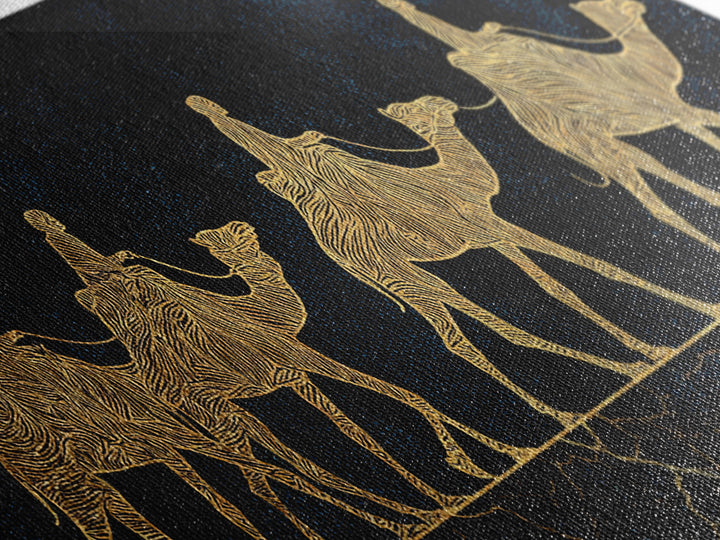Gold Line Camel Caravan Wall Art, Black And Gold African Safari Print, Desert Nomad Decor, Luxury Canvas Style Gift For Her