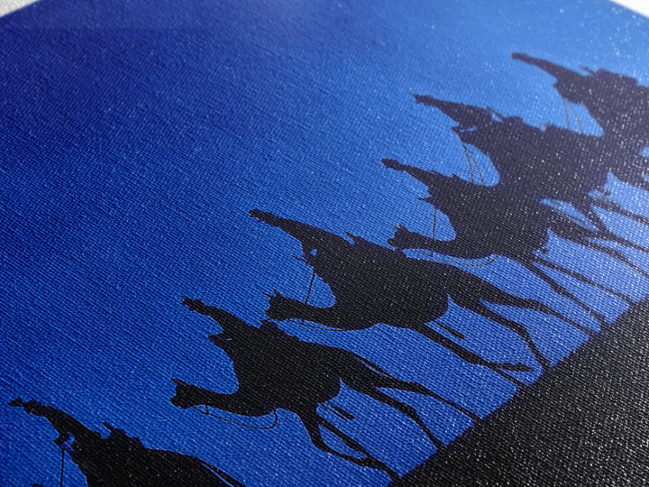 Cobalt Camel Caravan Silhouette Canvas Print, African Wall Art, Minimalist Desert Travel Decor, Blue Nomad Art Gift For Him