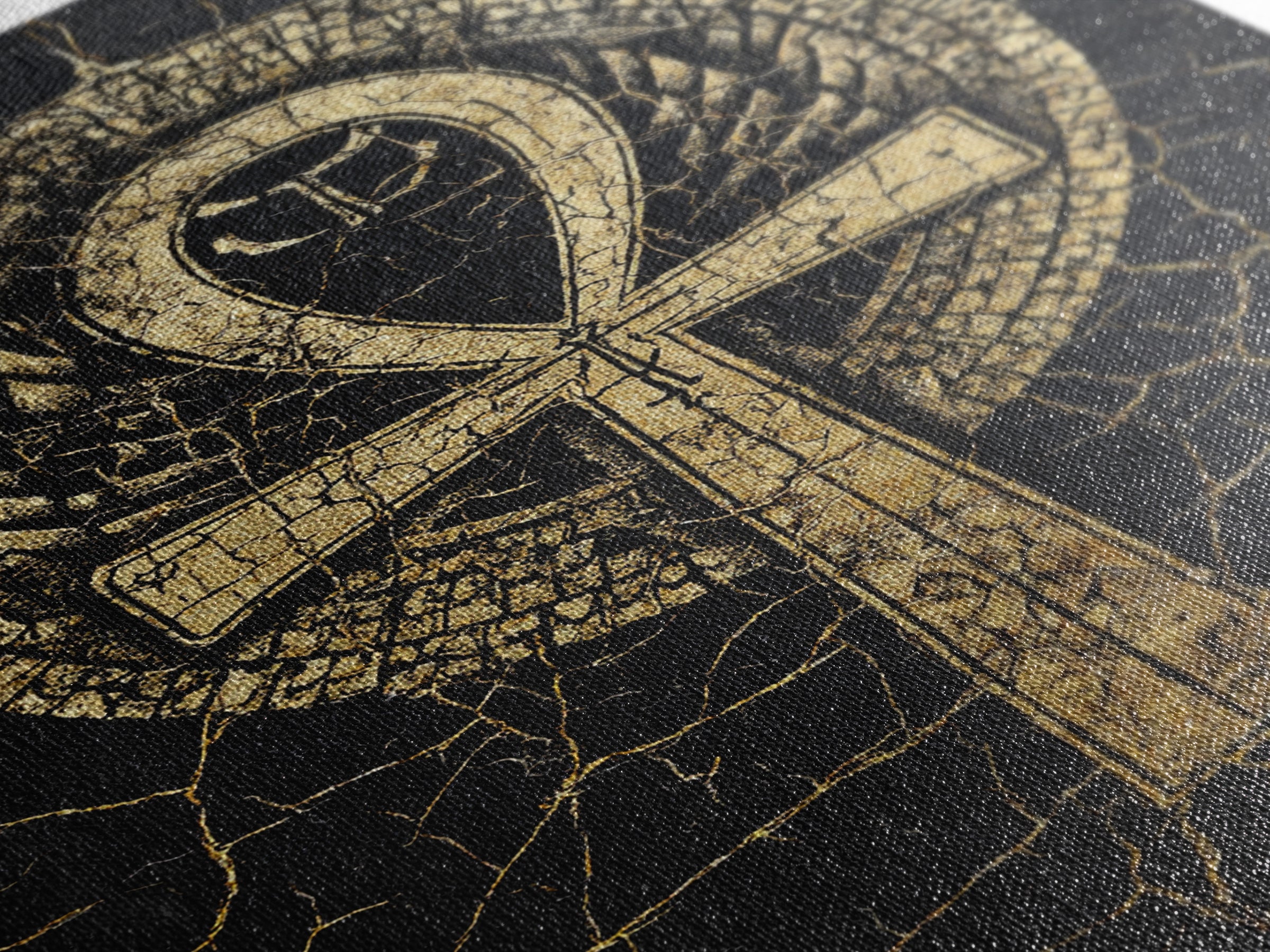 Gold Ankh Symbol On Cracked Black Framed Canvas Print, African Egyptian Art, Spiritual Wall Art, Black And Gold Design Gift