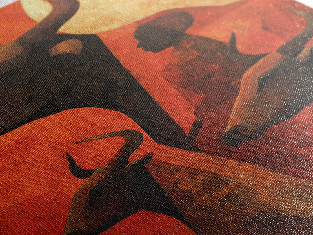Ochre African Woman With Longhorn Cattle Canvas Print, Tribal Wall Decor, Modern African Art, Burnt Orange Safari Home Decor