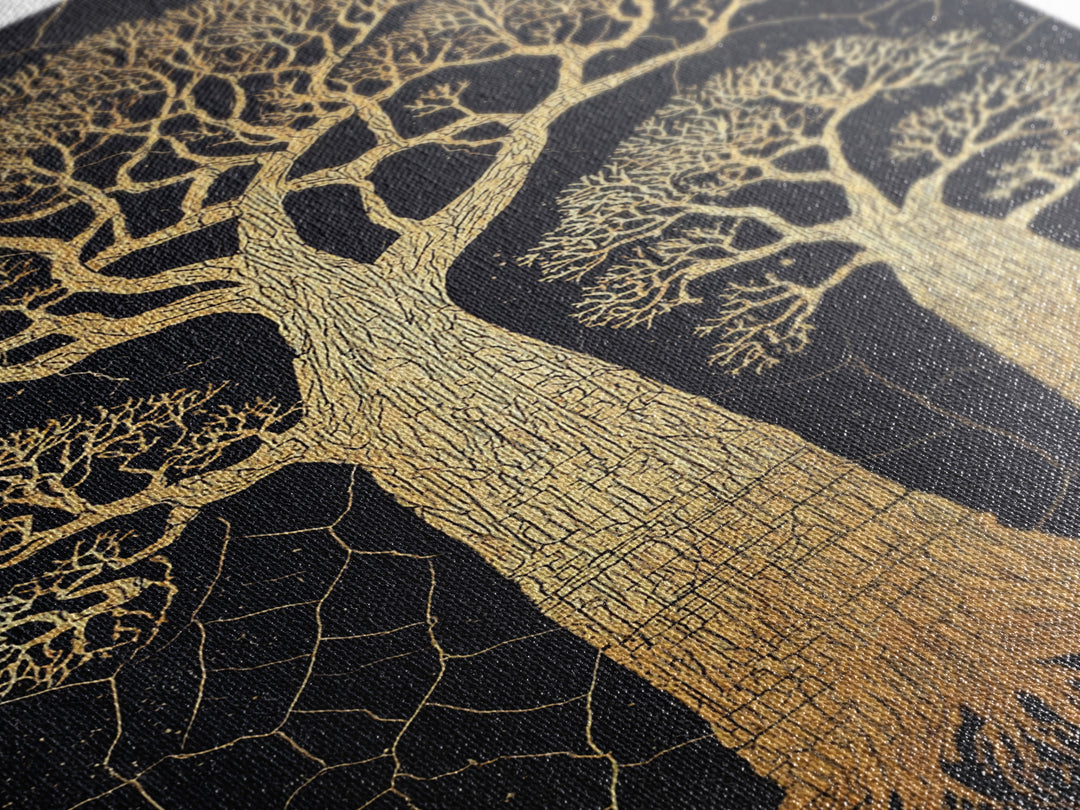 Golden Baobab Trees On Black Cracked Ground Wall Art, African Landscape Print, Botanical Safari Decor, Earth Tone Home Decor