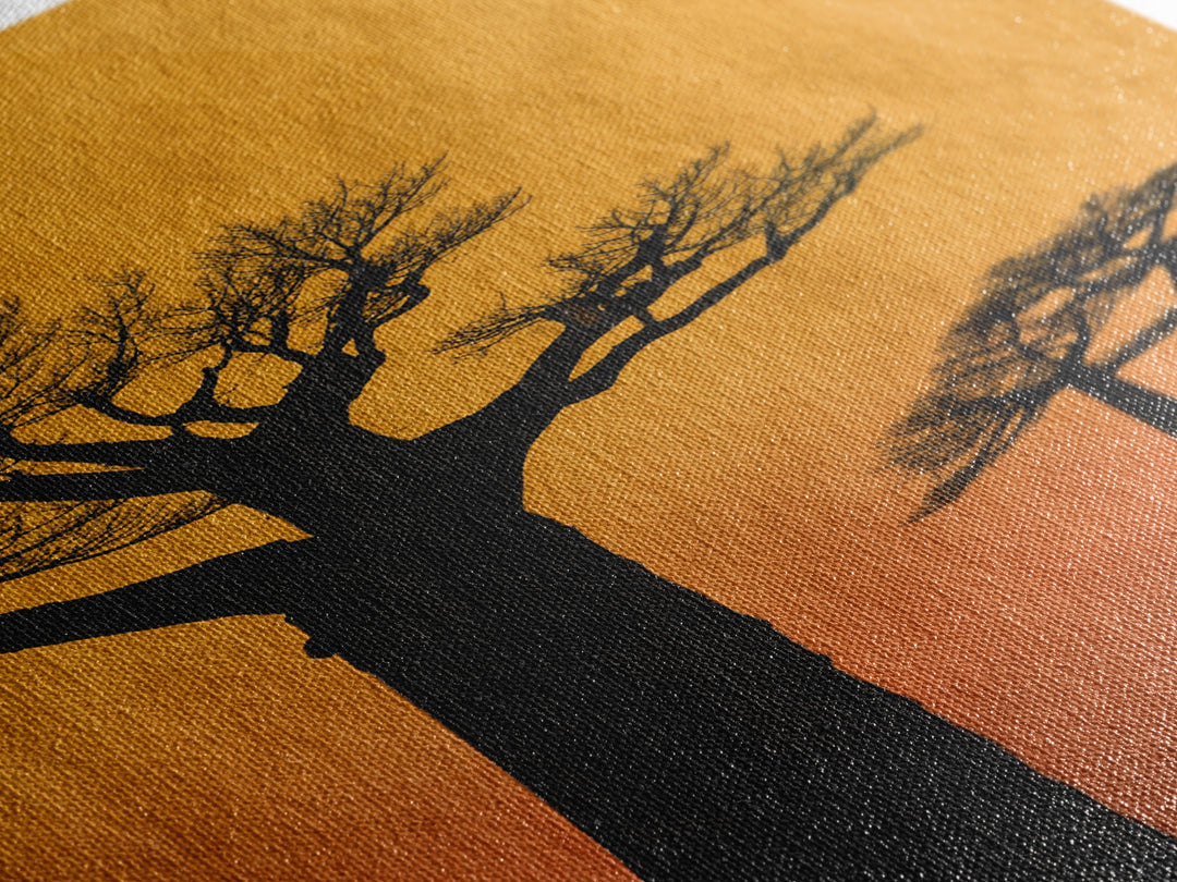 Black Baobab Silhouettes At Orange Sunset Canvas Print, African Tree Wall Decor, Minimalist Safari Art, Warm Boho Home Decor