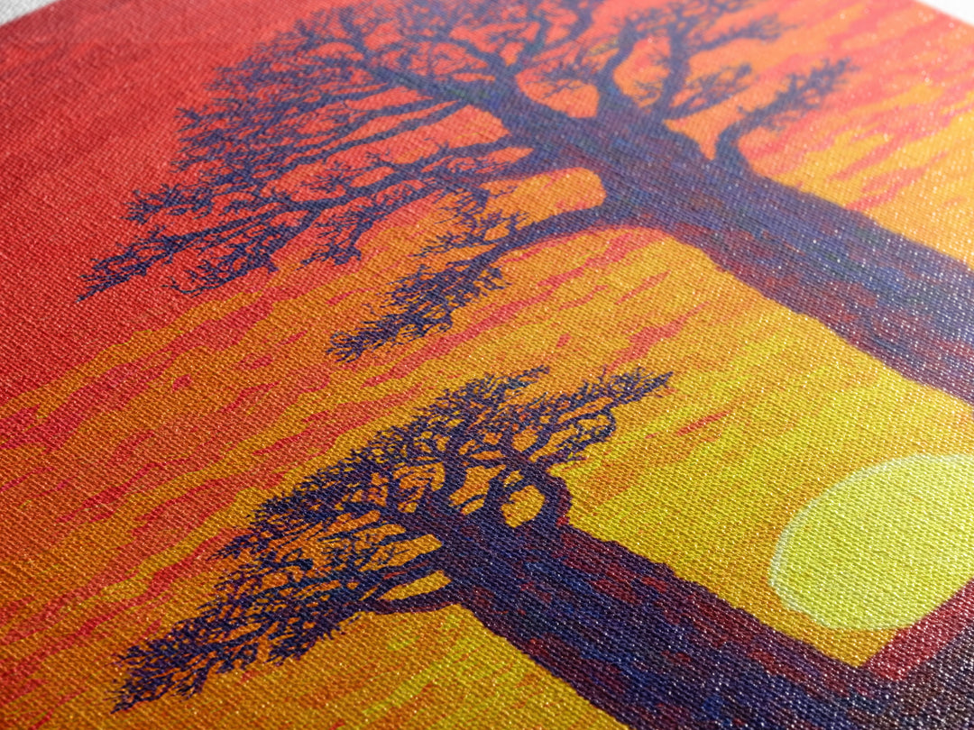 Vivid Baobab Sunset With Glowing Sun Wall Art, African Landscape Print, Colorful Safari Decor, Large Living Room Canvas Print