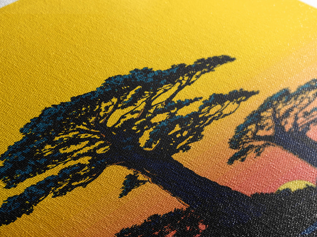 Yellow Sky Baobab Silhouette Canvas Print, African Landscape Wall Decor, Madagascar Sunset Poster, Bold Safari Art Gift Idea