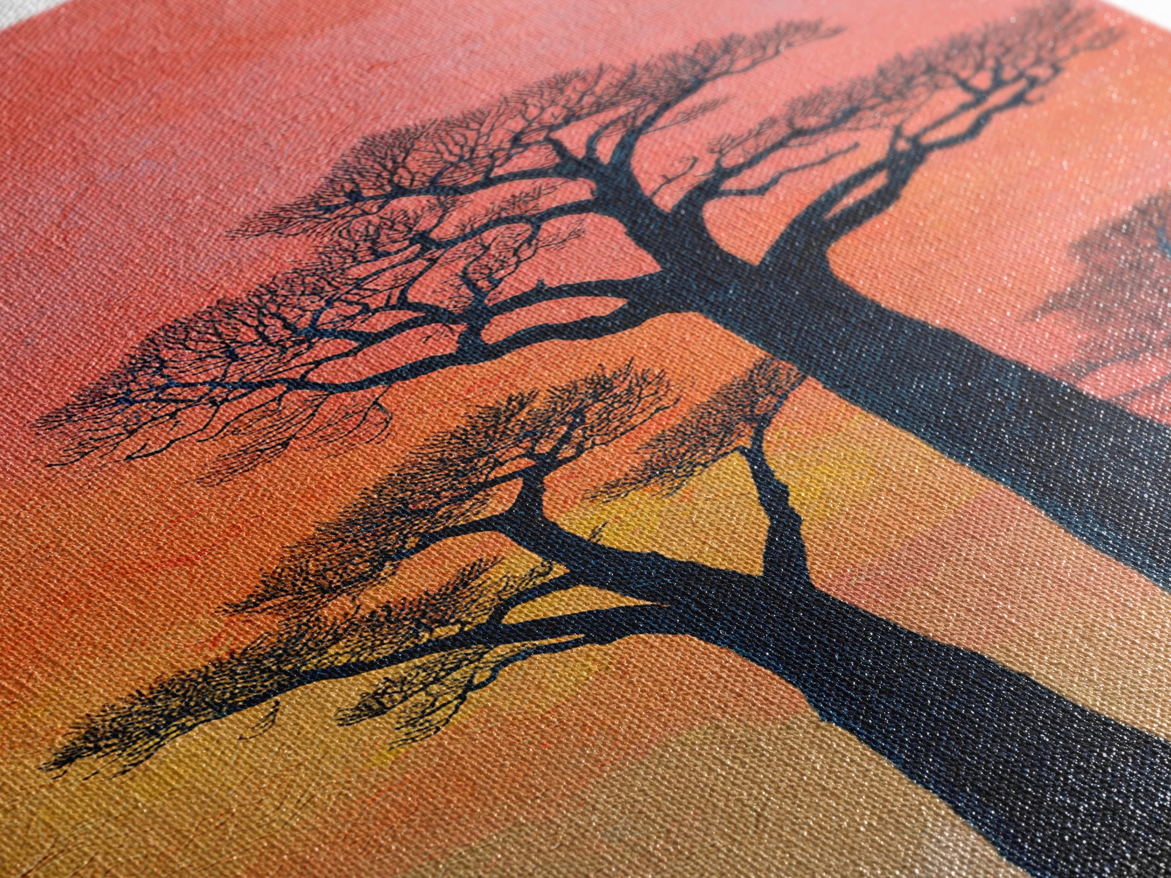 Coral Sunset Baobab Trees Wall Art, African Landscape Print, Textured Canvas Decor, Madagascar Safari Gift, Boho Room Art
