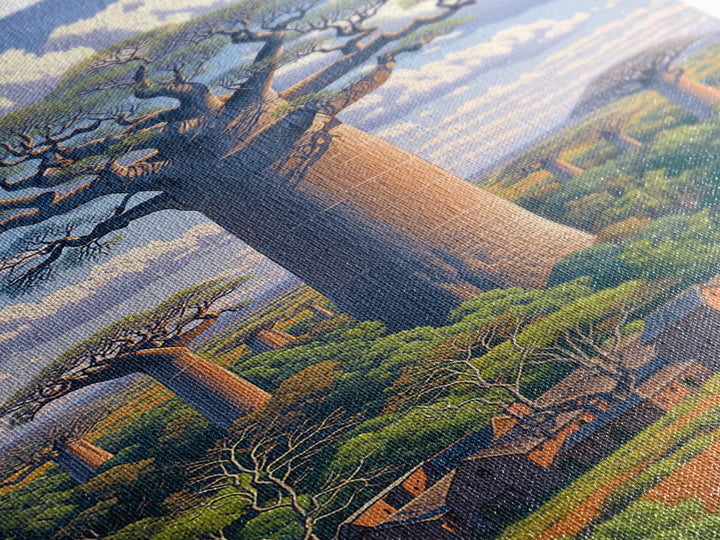 Village Beneath Giant Baobab Wall Art, African Landscape, Madagascar Print, African Home Decor, Large Living Room Art Gift