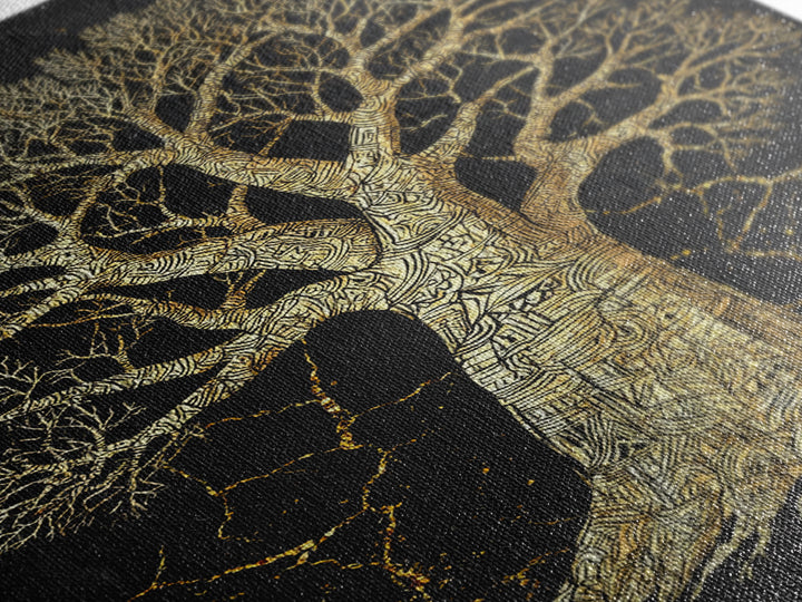 Golden Baobab Tree On Black Stone Wall Art, African Tree Print, Earth Tone Decor, Spiritual Nature Canvas For Living Room