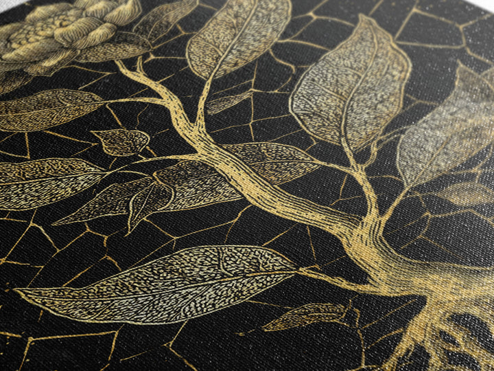Gold Botanical Rose Canvas Print, Black And Gold Floral Line Art, Elegant Minimalist Wall Decor For Bedroom Home Decor Gift