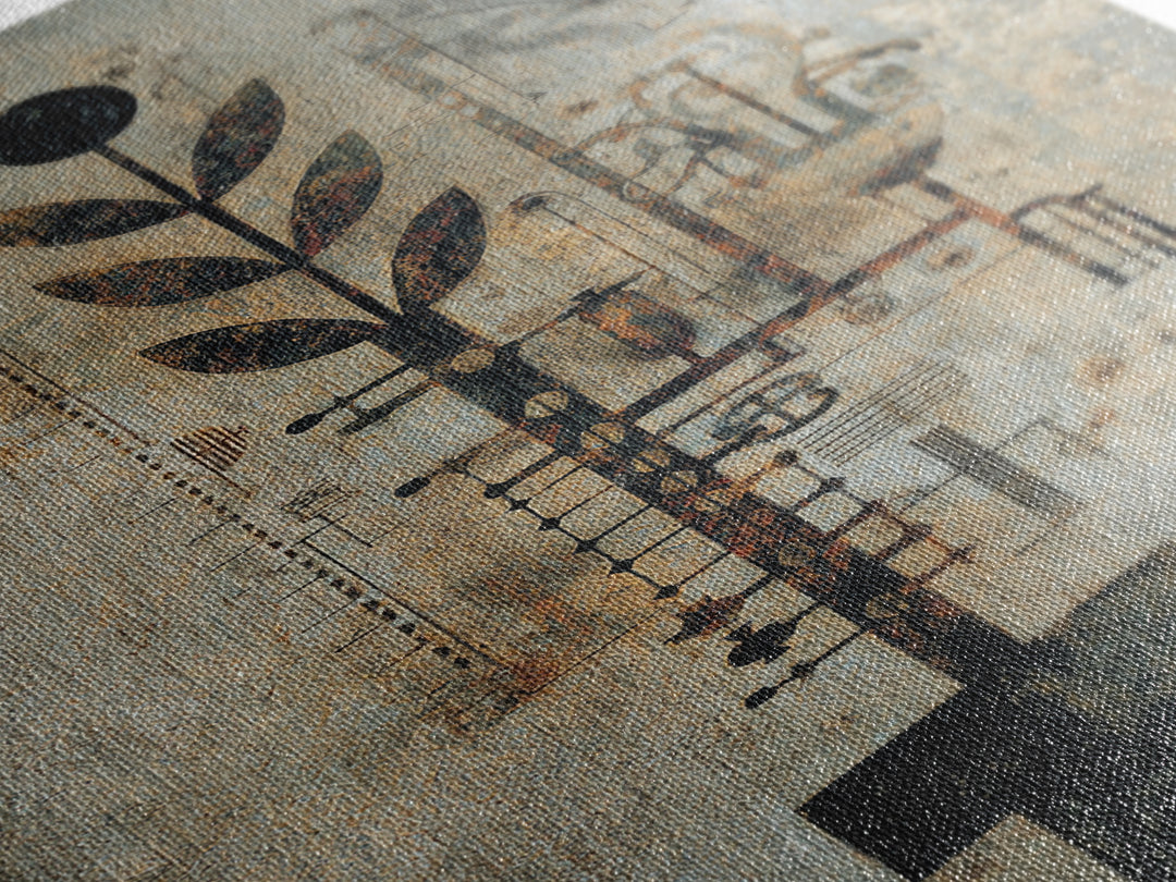 Rustic Industrial Botanical Wall Art, Abstract Plant Machinery Painting, Earth Tone Textured Art Print For Modern Office Decor