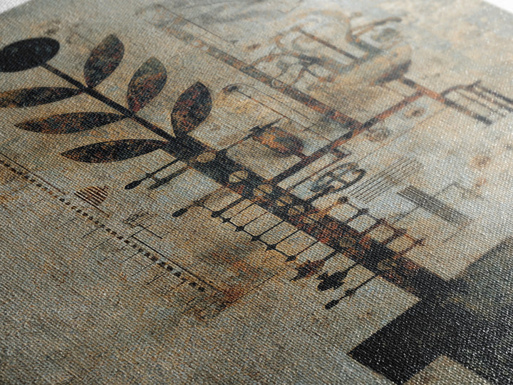 Rustic Industrial Botanical Wall Art, Abstract Plant Machinery Painting, Earth Tone Textured Art Print For Modern Office Decor