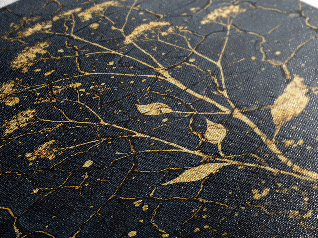 Gold Wildflower On Cracked Black Wall Art, Elegant Botanical Art Print, Black And Gold Design For Bedroom Home Decor Gift
