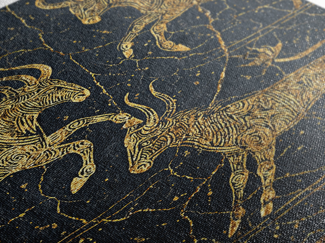 Gold Antelope Herd On Cracked Black Stone Canvas Print, African Animal Art, Tribal Line Drawing, Luxury Safari Wall Decor