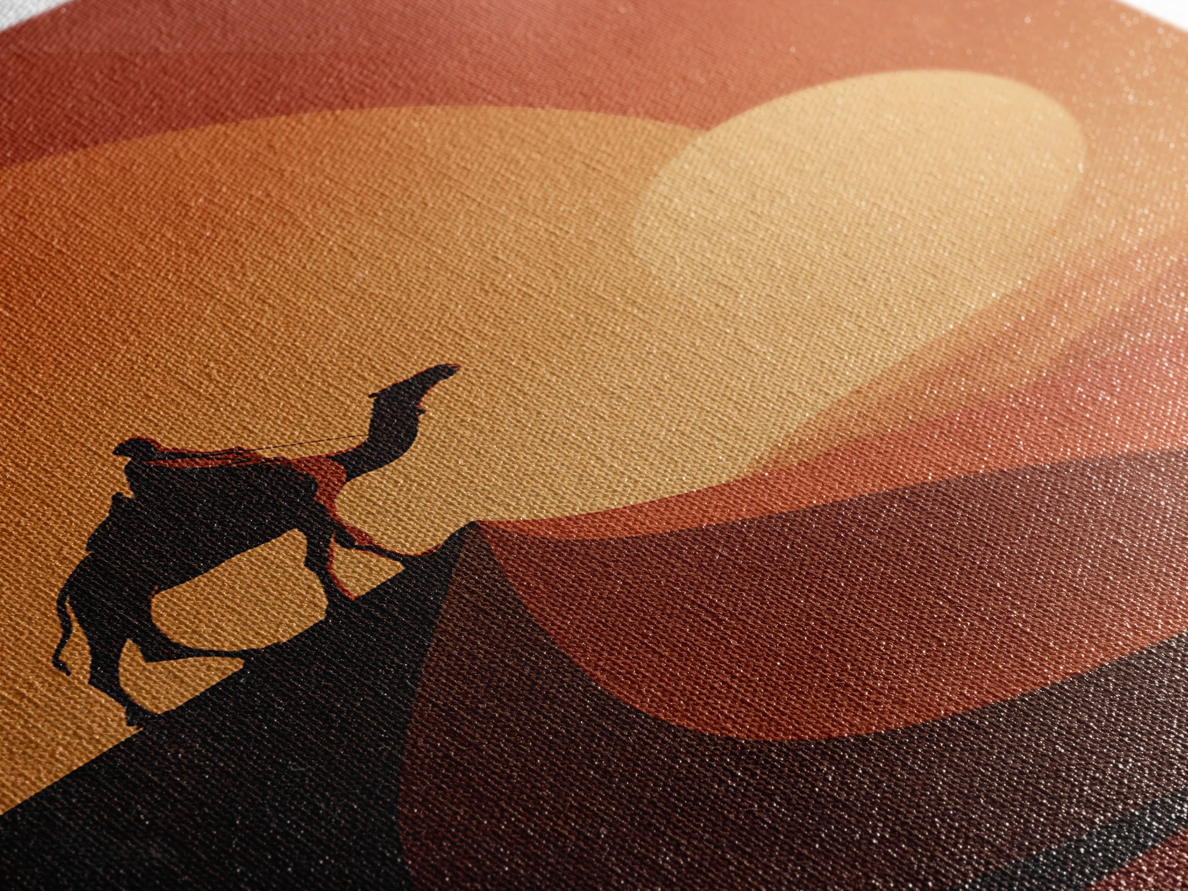 Minimalist Camel Rider Canvas Print, Orange Desert Sun Wall Art, African Travel Poster, Boho Home Decor, Unique Gift Idea