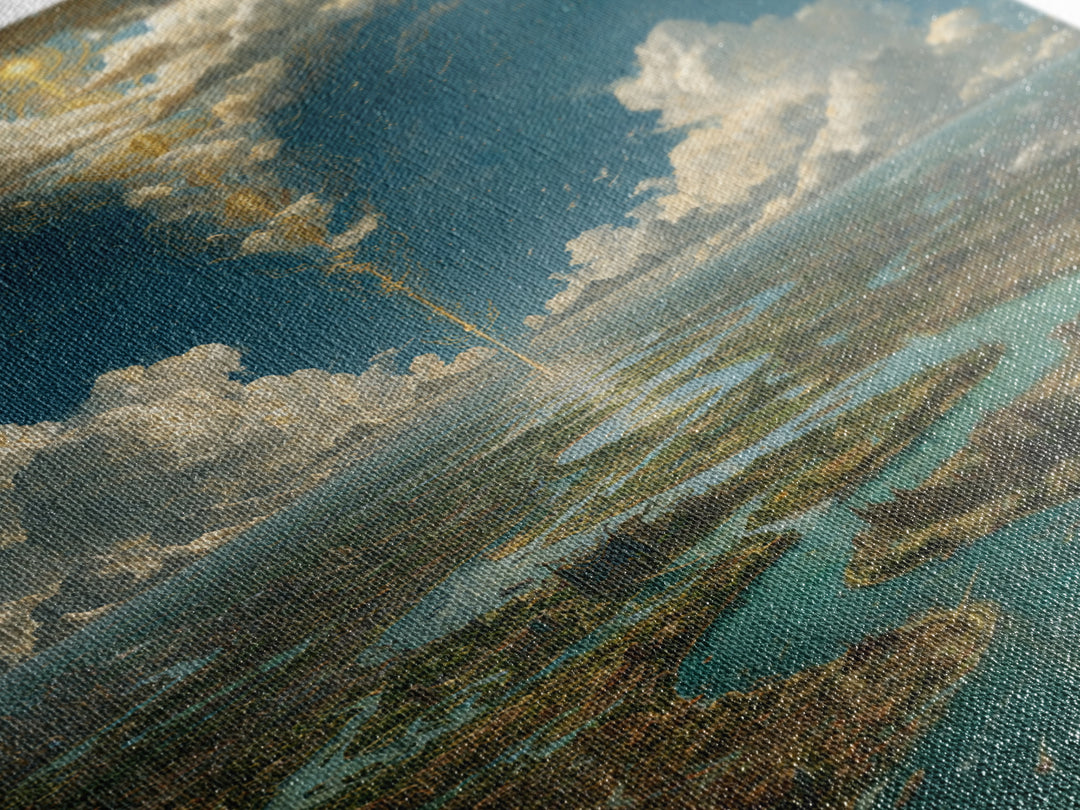Celestial River City Under Radiant Clouds Wall Art, Dreamy Landscape Canvas Print, Spiritual Sky Decor, Large Home Art Gift