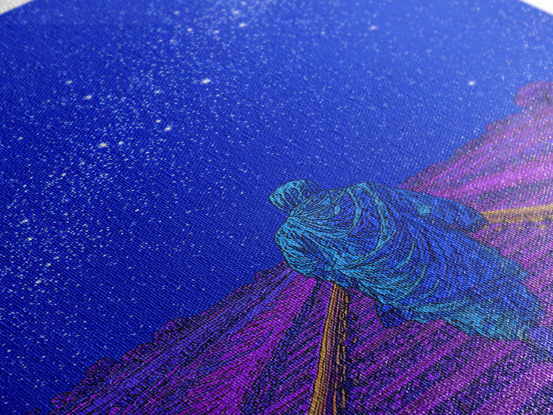 Lone Traveler On Neon Railroad Under Starry Sky Wall Art, Afrofuturism Canvas Print, Mystical Journey Decor, Blue Poster